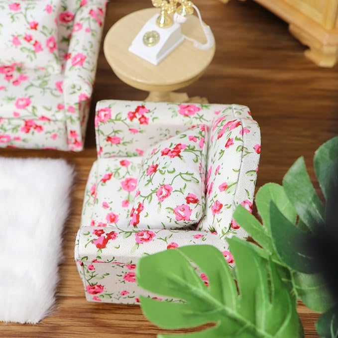 Dollhouse Couch with Pillow 1 12 Scale Miniature Sofa Arm Chair Living Room Furniture Wooden Fabric Frame Single Reading Chair Artificial House Room Scene Decoration (Rose Floral)