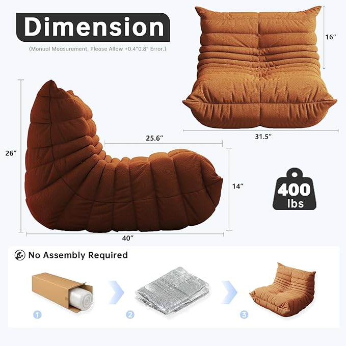 Memory Foam Bean Bag Chair for Adults, Teddy Material Beanbag Sofa with Filler, Cozy Floor Lounge Seat for Living Room, Bedroom, Dorm, Office (Orange)