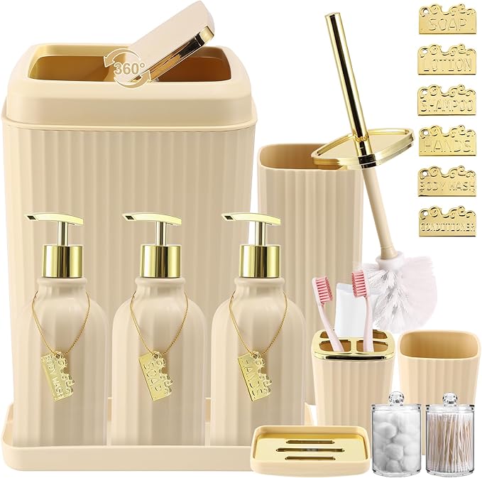 WSBArt 17PCS Bathroom Accessory Set Bathroom Set Beige Bathroom Accessories,Toilet Brush, Trash Can, Qtip Holder Dispenser& 3PCS Soap Dispenser