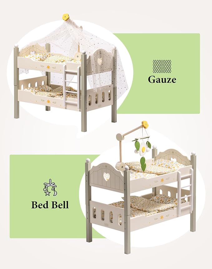ROBUD Baby Doll Crib, Wooden Baby Doll Beds for 20 Inch Dolls, Green Baby Doll Bunk Beds with Tulle, American Girl Doll Bed for Gifts, WRP11