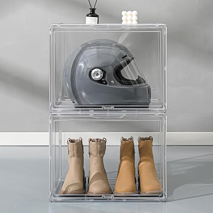 2 Pack XXX-Large Clear Display Case 17.7" x 13" x 13" Extra Large Display Organizer Box with Magnetic Door, Stackable Acrylic Storage Bin for Boots, Shoes, Collectibles, Bags, Figures