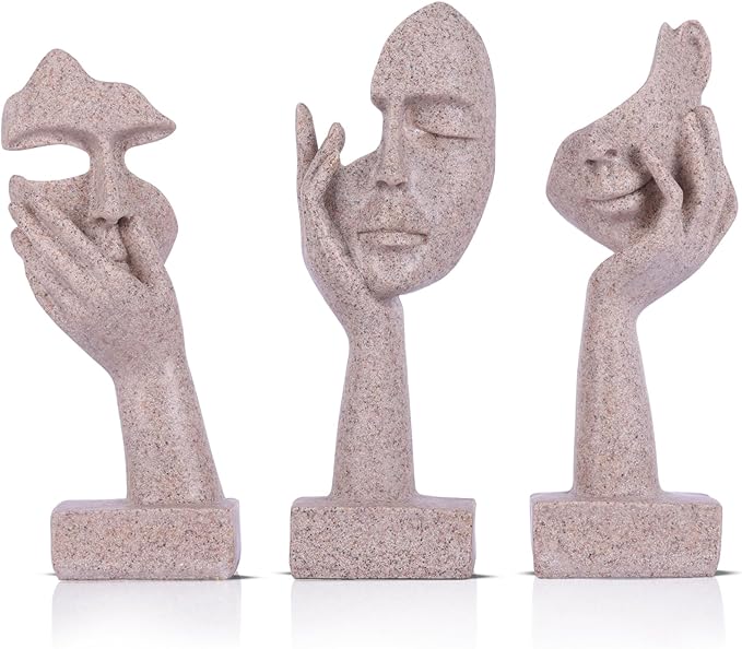 oliruim 3 Pcs Thinker Small Statue Set - Art Resin Abstract Home Accent Figurines for Decor Woman Apartment Bookshelf Floating Shelf Coffee Table Office Desk Counter Decor (3 Pcs Sandstone, 6")