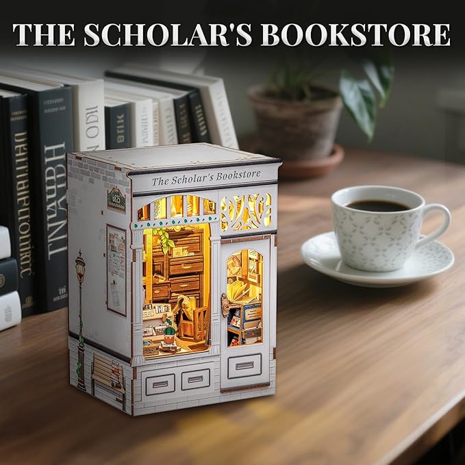 Cutefun Book Nook Kit - DIY Miniature Dollhouse Kit 3D Creative Decorative Bookend 3D Wooden Puzzle for Adults, Bookshelf Insert Library Decor with LED Light (The Scholar's Bookstore)