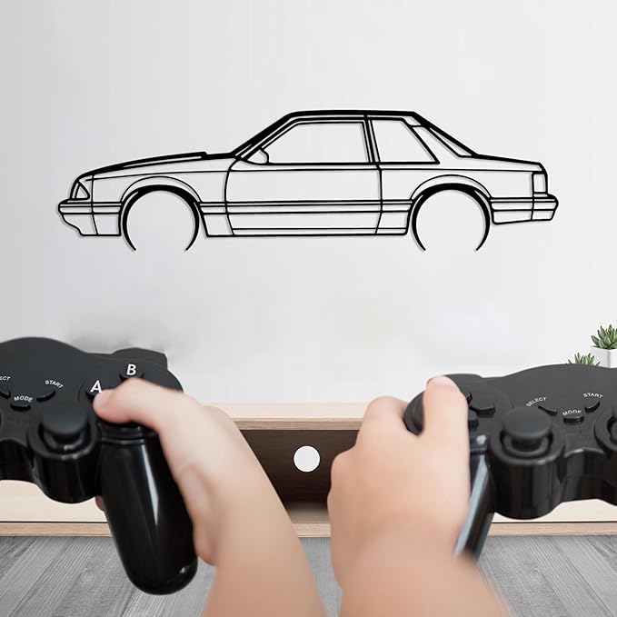 DecoSoul Mustang Metal Car Wall Art, Sports Car, Automotive Silhouette Line Decoration, Minimalist Sculpture for Garage, Indoor Outdoor Wall Hanging, Gift for Boyfriend (Black - 35 x 9.6” inch)
