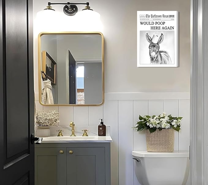 Black White Bathroom Silly Donkey Canvas Wall art Funny Donkey Toilet Paper On head Painting Picture Wall Decor Humorous Animals Poster Print Artwork for Toilet Bathroom Home Decoration 12x16in