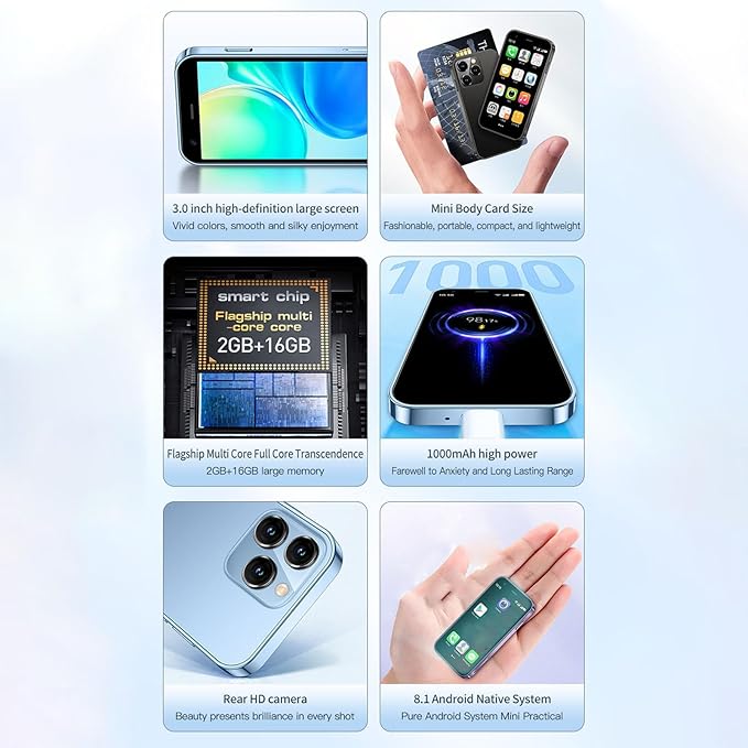 XUMIUZIY Mini Smartphone, Slim Unlocked Cell Phones with 3" HD Screen, 2GB RAM 16GB ROM, Dual Cameras, Dual SIM Card Slot, 3G Network, 1000mAh Battery, 8.1 (Purple)