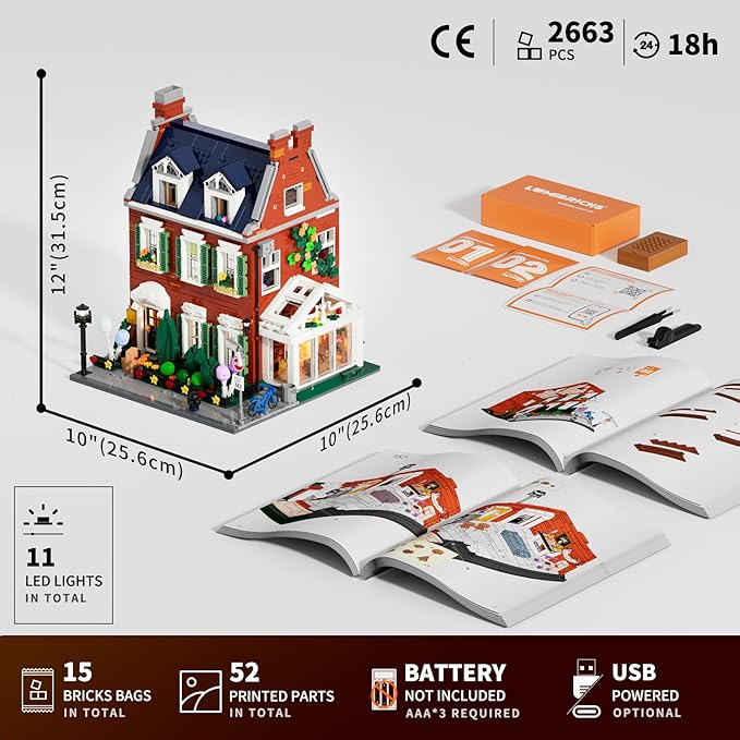 LUMIBRICKS Redbrick Row House Lighting Building Bricks Set - City Town LED Light Modular Construction Model Collection Display Kit with Minifigures 2663 Pcs for Adults & Teens
