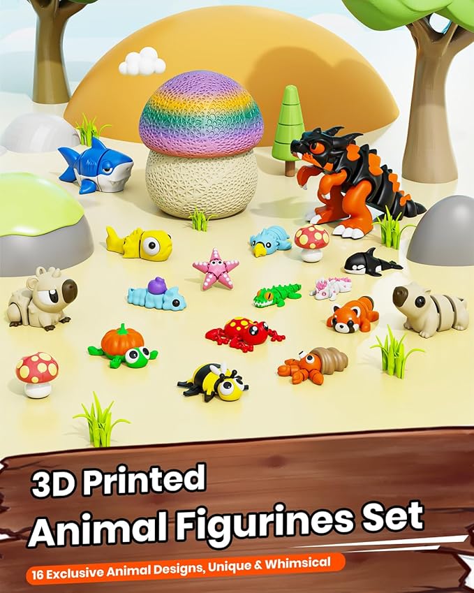 17PCS 3D Printed Animal Figurines Set with Mushroom Container - 16 Unique Articulated Animals, Fidget Toys for Stress Relief, Party Favors, Desk Decor & Gifts for Kids & Adults (17PCS Colour)