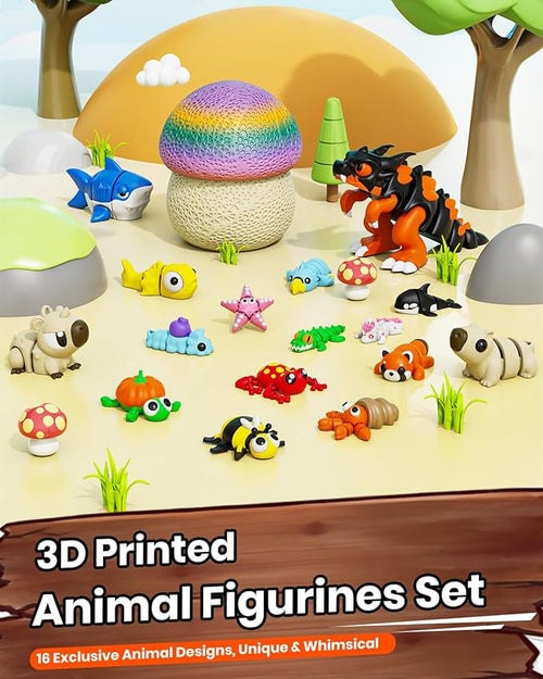 17PCS 3D Printed Animal Figurines Set with Mushroom Container - 16 Unique Articulated Animals, Fidget Toys for Stress Relief, Party Favors, Desk Decor & Gifts for Kids & Adults (17PCS Colour)