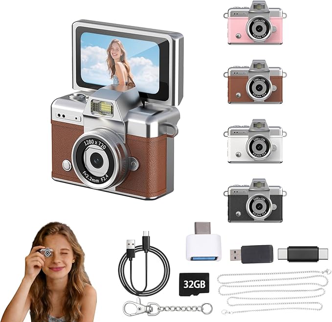 Pyxfeiiu Mini Keychain Camera,1080p Video Mini Digital Camera,Retro Flip Screen Small Bodycam,with Adapter and 32GB Card (Expandable to 128GB),USB Charging Long Battery Life for Kid,Travel,Vlog