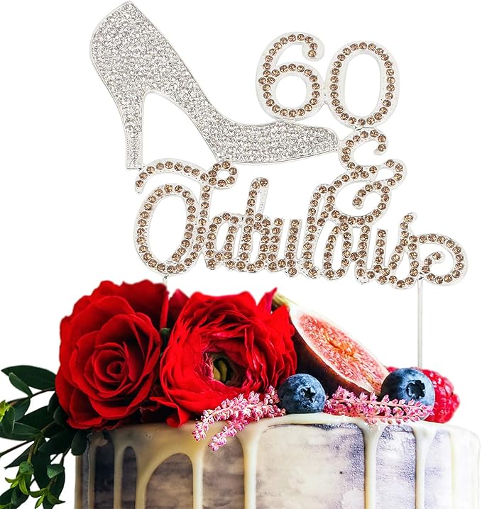 LINGTEER 60 Fabulous Silver High Heel Rhinestone Crystal Cake Topper Perfect for 60th Birthday Anniversary Party Keepsake Sparkle Decoration
