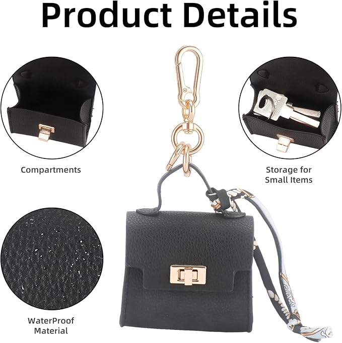FENHIN Mini Backpack Keychain, Leather Small Coin Purse for Women, Cute Hand Bag Charms with Key Holder & Twist-lock (Black)
