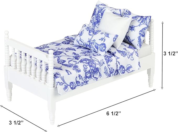 Dollhouse Furniture mini Bed Set, Bedroom Accessories for 6 inch Dolls, Blue Bedding, Wooden Frame, 1/12 Scale