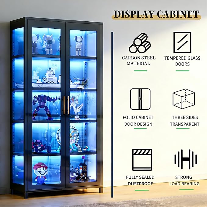 Display Cabinet with Glass Doors, 5-Tier Curio Cabinet with 4 Adjustable Shelves for Collectibles Toy Organizers Rack & Display Shelf, Kids Bookcase for Bedroom, Living Room, Reading Nook (Black)