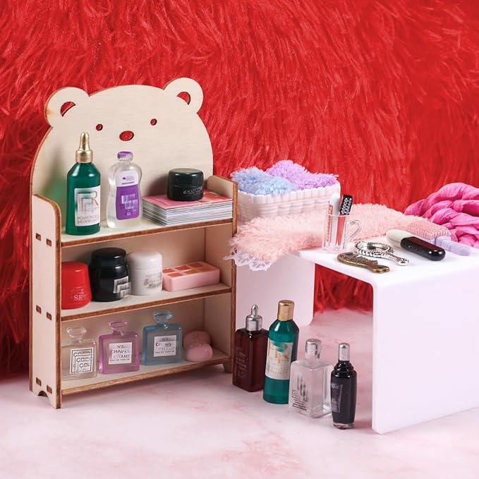 62 Pcs Miniature 1: 12 Scale Dollhouse Decoration Accessories Include Dollhouse Toothbrush Toothpaste Towel Mask Soap Lipstick Comb Shampoo Lotion Cleansing Cream Perfume Bag