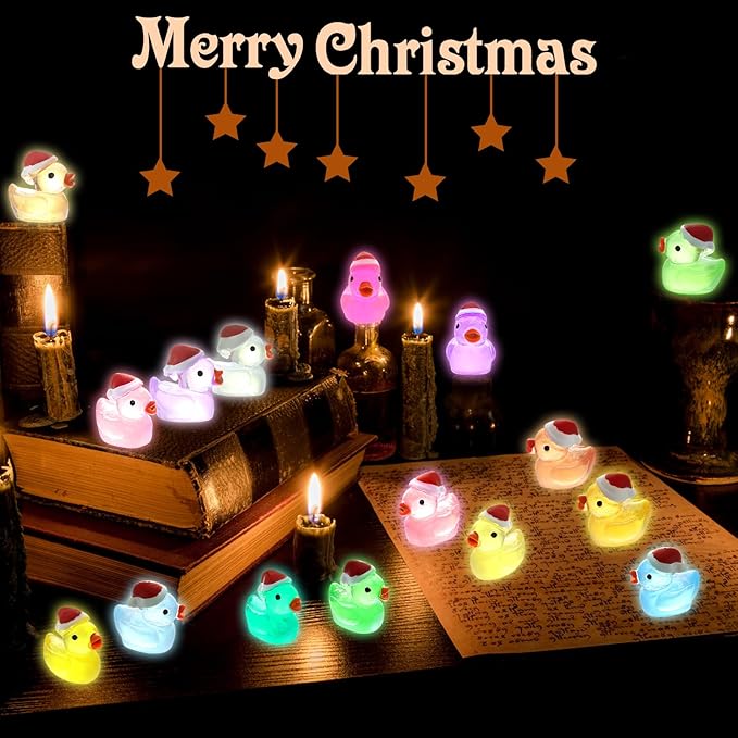 160Pcs Luminous Mini Christmas Resin Duck Miniature Glow in The Dark Ducks Christmas Decor Aquarium Ornament Dollhouse Decoration DIY Slime Kit Birthday Party Hide and Seek Prank(16 Colors)