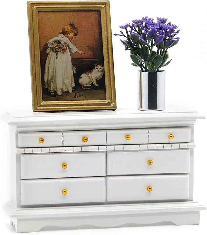 3Pcs 1:12 Dollhouse Side Cabinet Furniture Set, Wooden Miniature Wall Chest Cabinet with Drawers, Art Painting & Potted Plant, Cupboard Doll Accessories for Living Room,Kitchen Bedroom