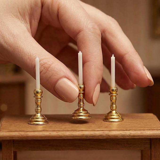 3PCS Vintage Miniature Candlesticks Set 1:12 Scale Metal Base Candle Holder for Miniature Room DIY Miniature Scene, or Desktop Display (Golden)