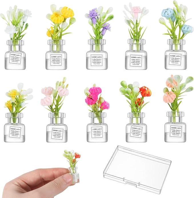 10 Pcs Miniature Dollhouse Plant Flowers, Small Glow in The Dark Glass Dollhouse Flowers, 1:12 Dollhouses Mini Vase with Flower, Faux Flower Model Dollhouses Decoration for Tiny Houses
