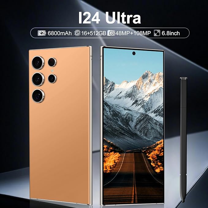 BAOWU I24 Ultra 5G Unlocked Phones, Built in Pen, Smartphone Battery 6800mAh 6.8" HD Screen Unlocked Cell Phone, 16+512GB Android14 with 128G Memory Card, Face ID/Fingerprint Lock/GPS (Orange)