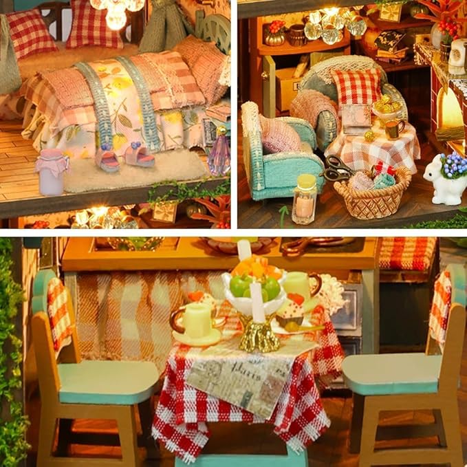 DIY Miniature House Kit with LED Lights, Fairy Garden Mini House Building Kit for Adults, Creative Crafts for Christmas & Birthday