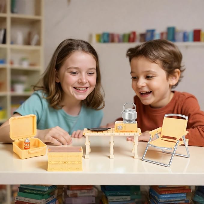 Dollhouse Furniture Set for Kids Toys Miniature Doll House Accessories Pretend Play Toys for Boys Girls & Toddlers Age 3+ with Camping (Yellow)