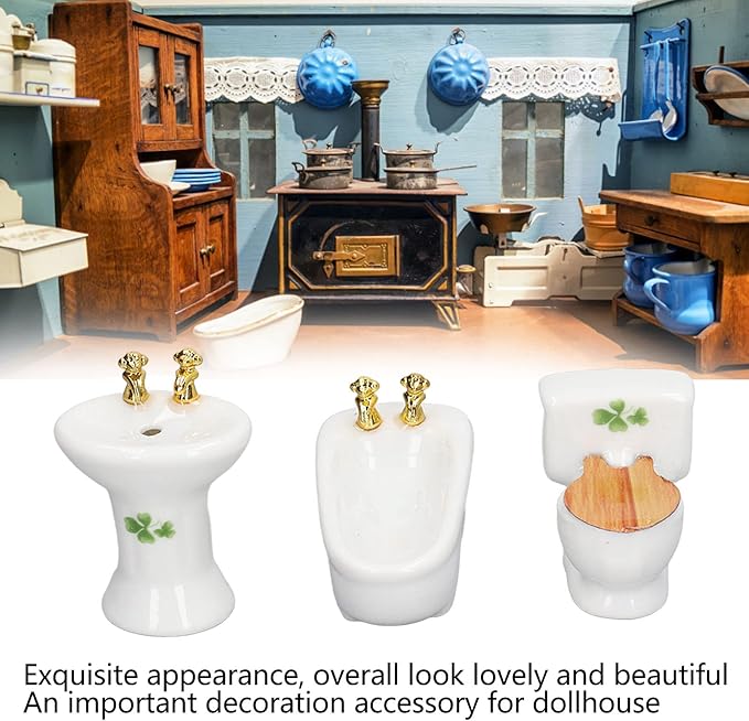 1:24 Dollhouse Miniature Bathroom Set, Ceramic Simulation Bathtub Toilet Sink, Miniature Furniture, Mini Ceramic Bathroom Furniture Set for Dollhouse Restroom Decoration (Grass Pattern)