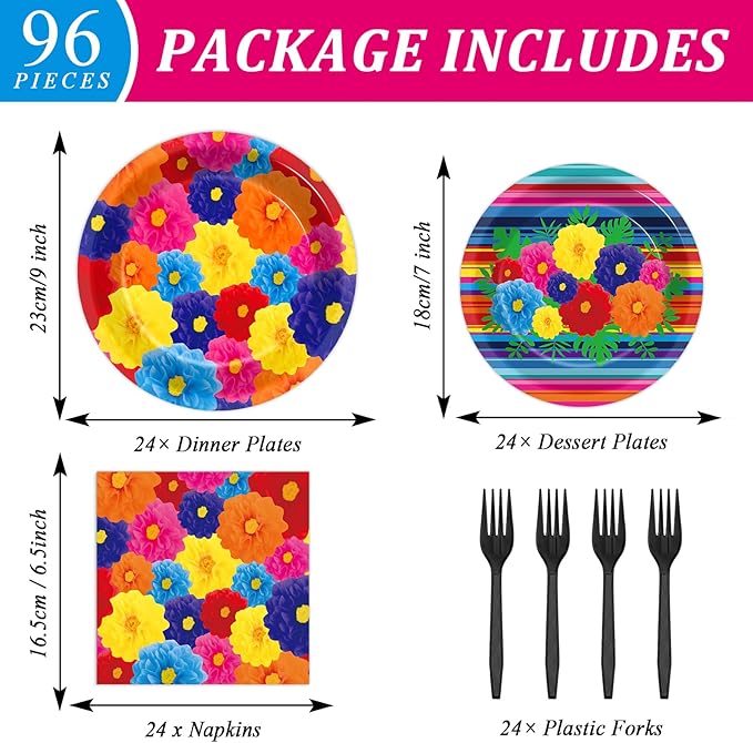 96 Pcs Mexican Fiesta Plates and Napkins Party Supplies Fifth of May Tableware Mexican Theme Birthday Party Decorations Fiesta Flowers Stripes Paper Dinnerware for Taco Weddings Baby Shower 24 Guests