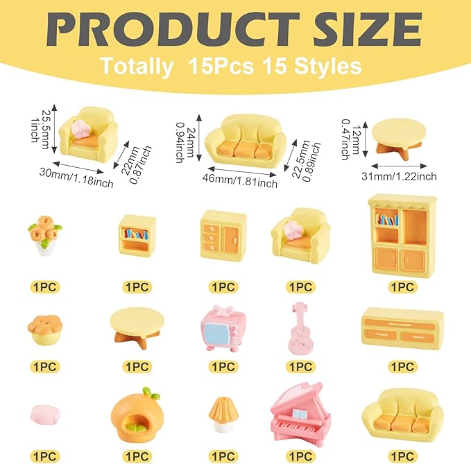 Craftdady 15pcs Furniture Miniature Set Sofa Table Cabinet Mushroom Micro Landscape Dollhouse Cute Figurines for Office Fairy Garden Home Decor Resin Collectibles Set