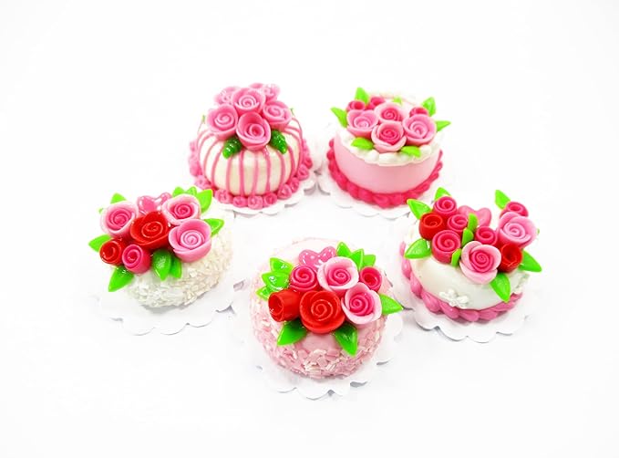 Dollhouse Miniatures Food Set 2cm 5 Mixed Rose Flower Cake Supply Charms 13702