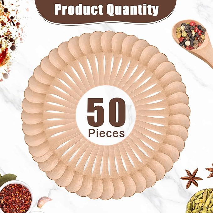 Boao 50 Pcs Small Wooden Spoons, 3.5'' L, Mini Wood Natural Tiny Spoons Wooden Little Teaspoons for Jars Sugar Creamer Honey Spices Salt Kitchen Supplies (Light Wood)