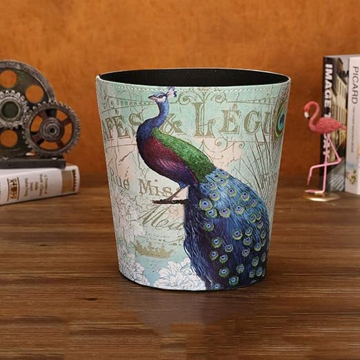 Scakbyer 10L Retro Style Kitchen Trash Can Bedroom Trash Bin Wastebasket for Bathroom Office Living Room (Peacock)