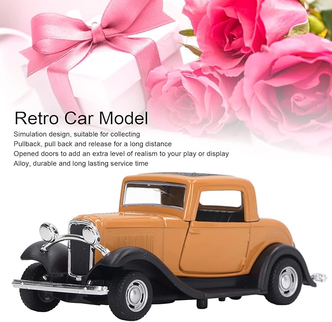 Classic Vintage Alloy Car Model Opened Doors Retro Antique Pullback Toy 1:32 for Playtime Education (Yellow)