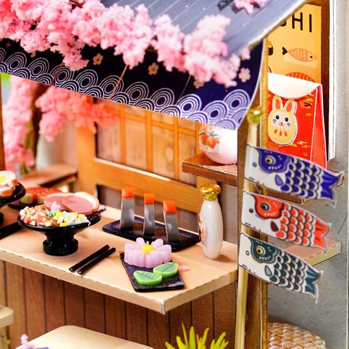 DIY Miniature House Kit, Mini House Building Kit with LED & Dust Cover, DIY Wooden Dollhouse Miniature Kit for Adults Teen, Wooden Crafts Lovely Dollhouse Kit, Sakura Noodle Shop