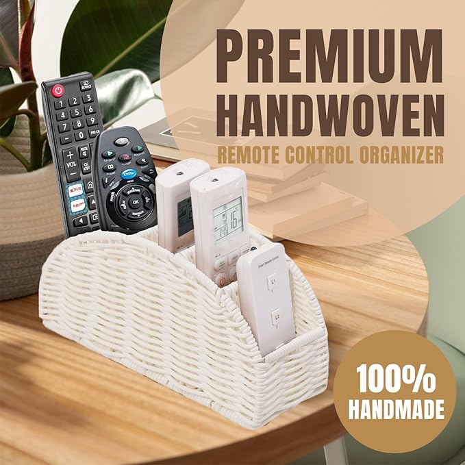 5-Compartment Remote Control Holder – Synthetic Rattan Organizer for TV Remotes, Makeup Brushes, Office Supplies, Stylish Wicker Desk Caddy for Living Room, Bedroom, Office, Patent Pending (White)