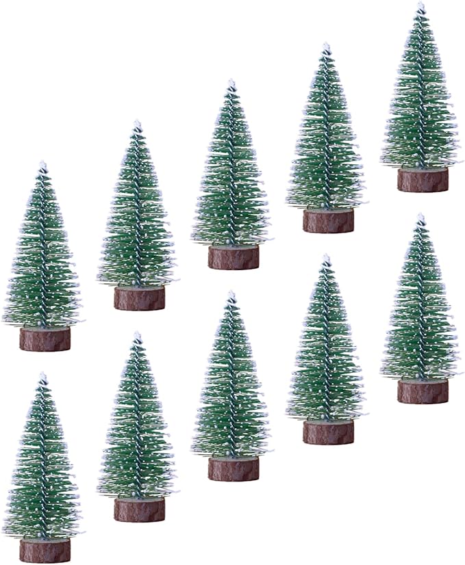 10pcs 4inch Mini Christmas Tree Bottle Brush Trees Chrismas Village Trees Ornaments Snow Mini Plastic Christmas Trees with Wooden Base for Christmas Decoration Miniature Chrismas Tree
