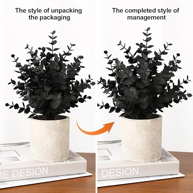 Coferset 2 Pack Black Fake Eucalyptus Small Fake Plants Potted Artificial Plants for Halloween Shelf Desk Home Farmhouse Room Coffee Table Decor Bathroom Decor (Black)