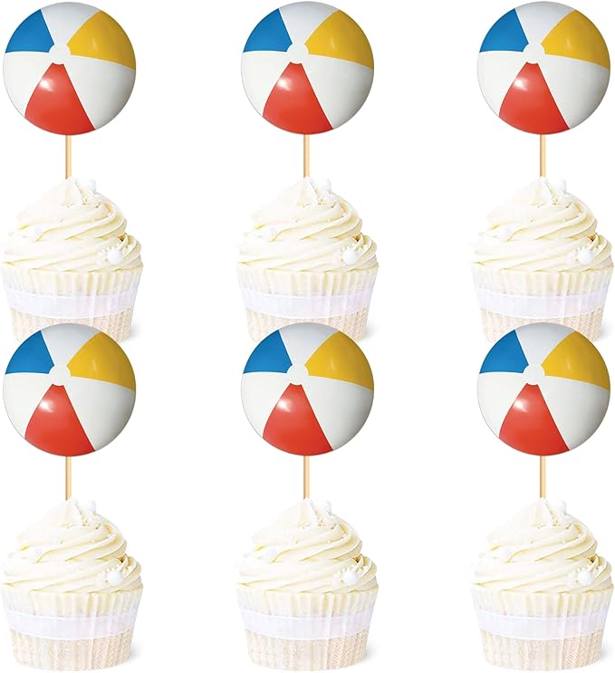 Ercadio 24 Pack Double Sided Beach Ball Cupcake Toppers Water Polo Cupcake Picks Beach Sport Birthday Cake Decorations Baby Shower Party Cake Decoration