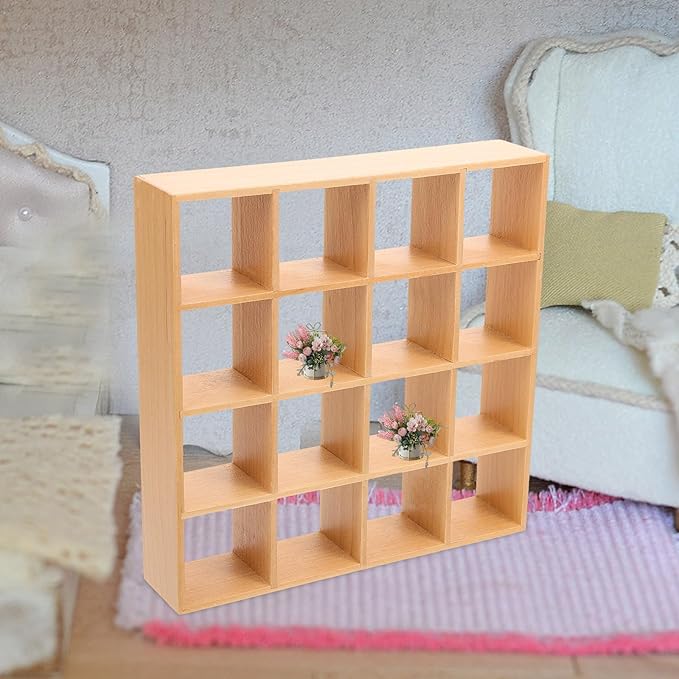 Dollhouse Miniature Wooden Storage Rack 16 Grid Shelves Doll House Wall Rack Bookshelf Display 1/12 Dollhouse Furniture Accessories Miniature Dollhouse Rack (6.69 * 6.69 * 1.38inches)