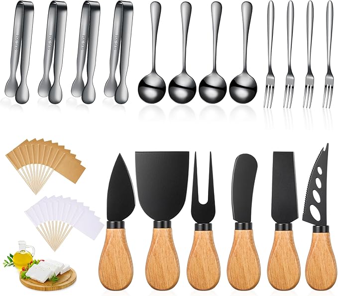 18 Pieces Charcuterie Board Accessories Spreader Knife Set Cheese Butter Spreader Knife Charcuterie Utensils with Wooden Handles Mini Serving Tongs Spoons Forks for party Wedding Christmas (Black)
