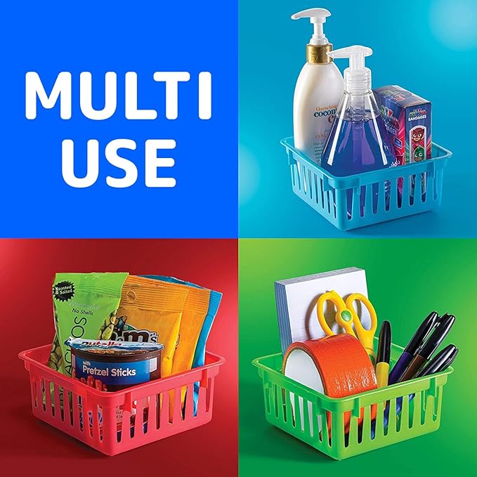 PREXTEX Classroom Storage Baskets - Crayon & Pencil Container - Classroom Organization - Multicolor Plastic Square Baskets, 5x5x3 Inches, 12 Count