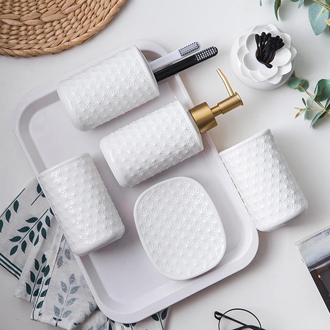 SHIIANN Ceramic Bathroom Accessories Set, 4 Pack Bathroom Ensemble for Bathroom Includes 1 Lotion Dispenser 1 Toothbrush Holder 1 Tumbler 1 Soap Dish (White)