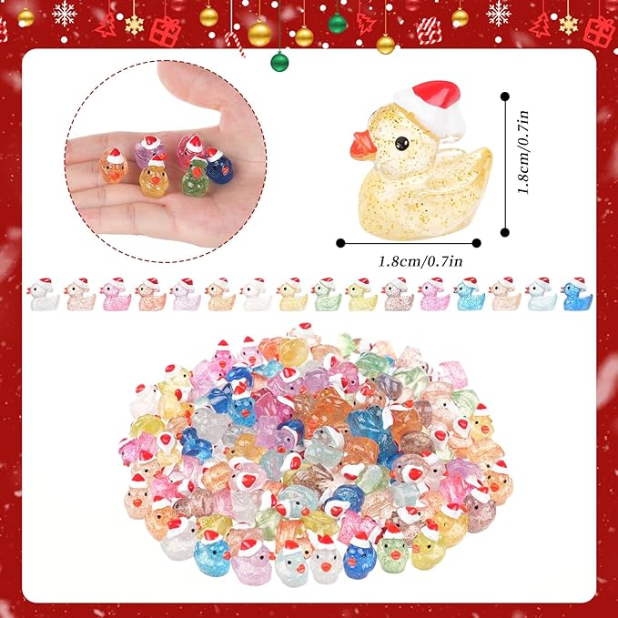 160PCS Luminous Mini Glitter Ducks Christmas Colorful Tiny Resin Ducks to Hide Miniatures Figures for Prank Xmas Goodie Bag Fillers Party Decor
