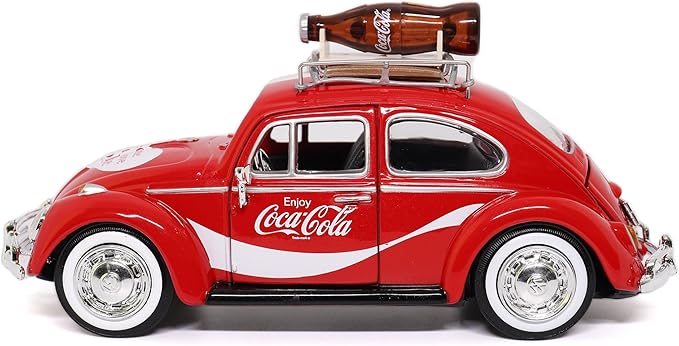 Motor city classics Coca-Cola Diecast Collectible | 1966 VW Beetle with Bottle on Top Rack | 1:24 Diecast Scale Model 424066 | Officially Licensed Coca-Cola Diecast