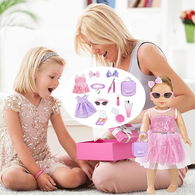 VAWMJOT 18 Inch American Doll Accessories, 2 Sets Pink and Purple Dresser Sunglasses Handbag Lipstick Hair Clip Eye Shadow Foundation Make-up Bracelet Cosmetic Brush American Doll Clothes Set