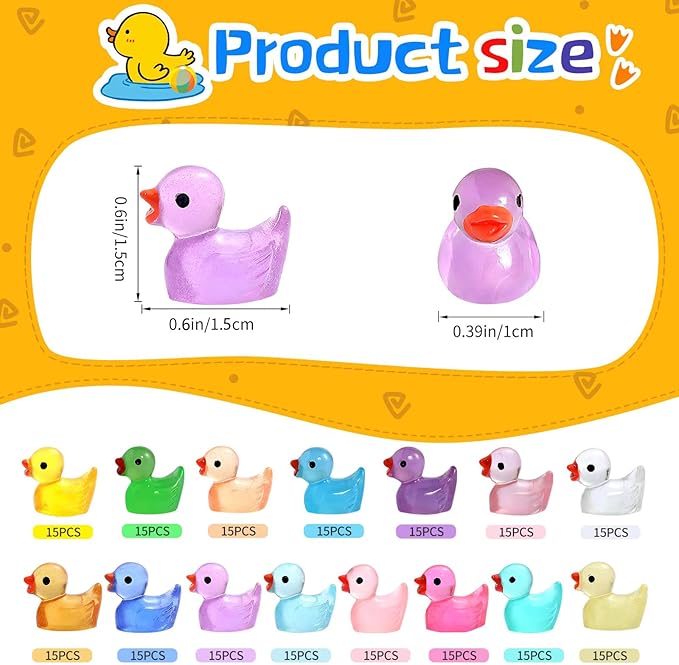 225PCS Mini Ducks Glow in The Dark Tiny Ducks Luminous Resin to Hide and Seek Pranks Micro Garden Landscape Aquarium DIY Decoration Craft (15 Colors)