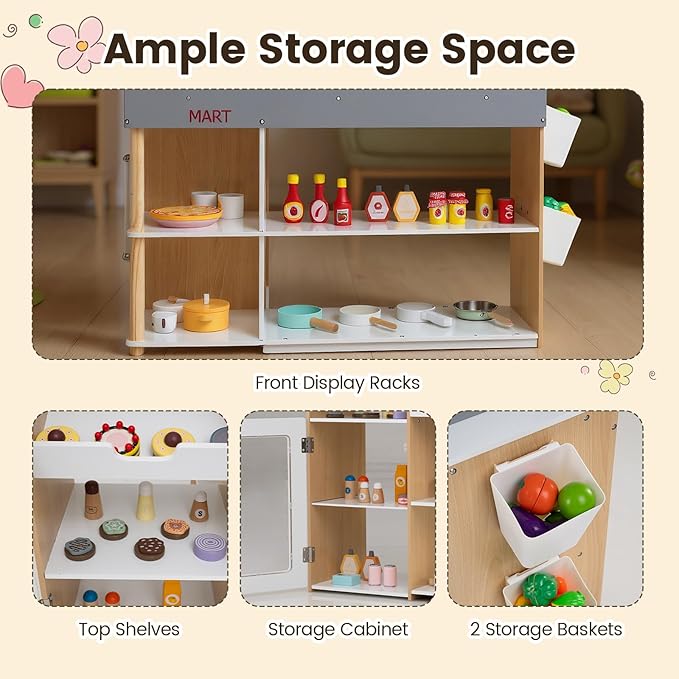 Costzon Grocery Store Pretend Play, Wooden Play Store, Toddler Supermarket Playset with Cash Register, Vending Machine, Chalkboard, Kids Grocery Store Playset, Gift for Boys & Girls