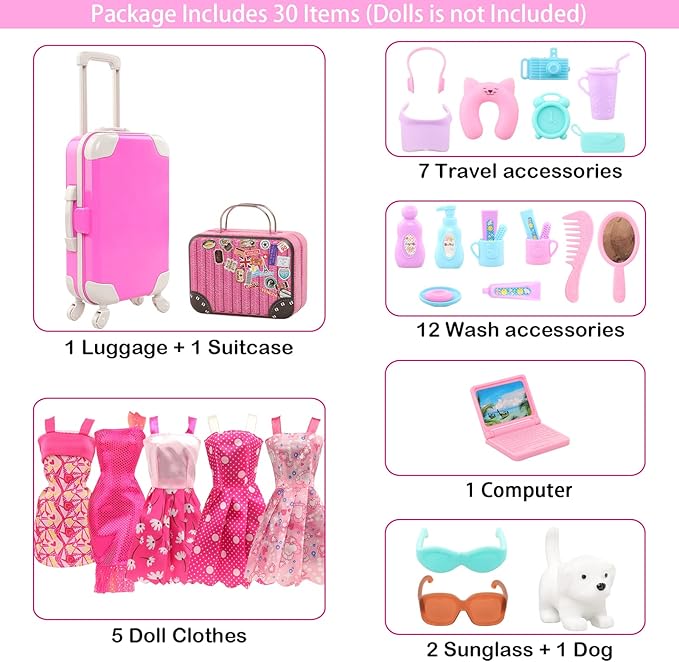 BARWA 32 Pcs Doll Suitcase Luggage Travel Clothes and Accessories for 11.5 inch Girl Doll Travel Carrier Storage, Including 1 Luggage 1 Suitcase 23 Travel toiletries 5 Dresses 1 Puppy 1 Computer…