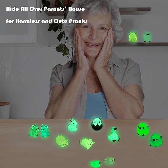 50 Pcs Luminous Mini Resin Animals, Glow in The Dark Tiny Ducks, Frogs, Birds, Rabbits, Cute Dollhouse Miniatures for Mystery Blind Bag, Crafts, Fairy Garden, Home and Office Décor
