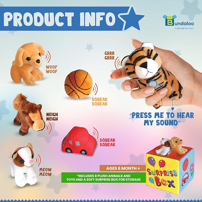 Bundaloo Surprise Mystery Box with 8 Premium Plush Toys - Soft Sensory Playset with Press to Hear Sounds, Various Plush, Stuffed Animals, Vehicles, Balls for Babies & Toddlers